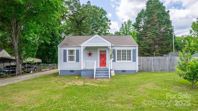 bungalow-style home featuring crawl space, dirt driveway, and a shingled roof