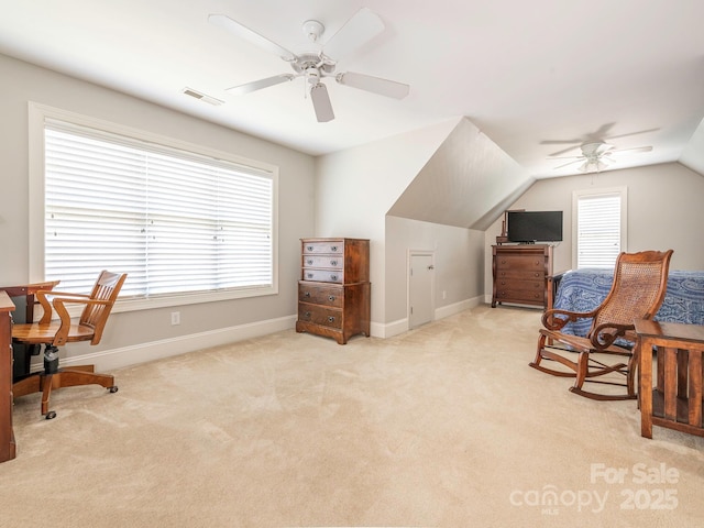 7040 Edenderry Dr, Charlotte, NC 28270 - carpeted office space featuring a ceiling fan, plenty of natural light, baseboards, and lofted ceiling