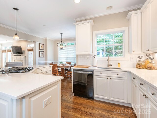 7040 Edenderry Dr, Charlotte, NC 28270 - kitchen with dishwasher, stainless steel gas stovetop, a sink, crown molding, and white cabinetry