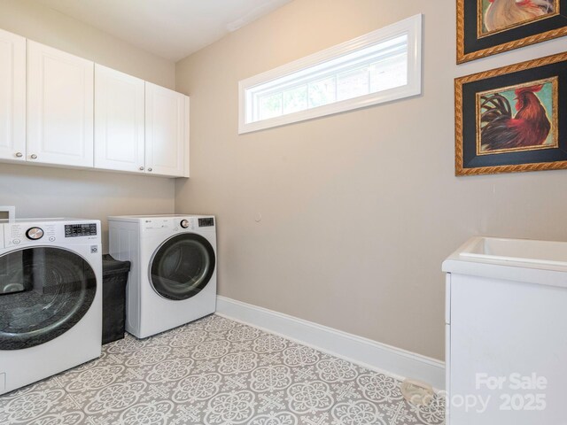 7040 Edenderry Dr, Charlotte, NC 28270 - laundry area featuring cabinet space, washing machine and clothes dryer, and baseboards
