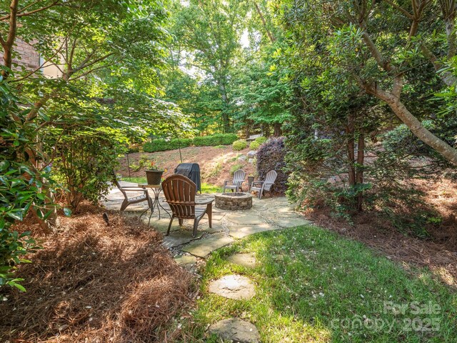 7040 Edenderry Dr, Charlotte, NC 28270 - view of yard featuring a fire pit and a patio area