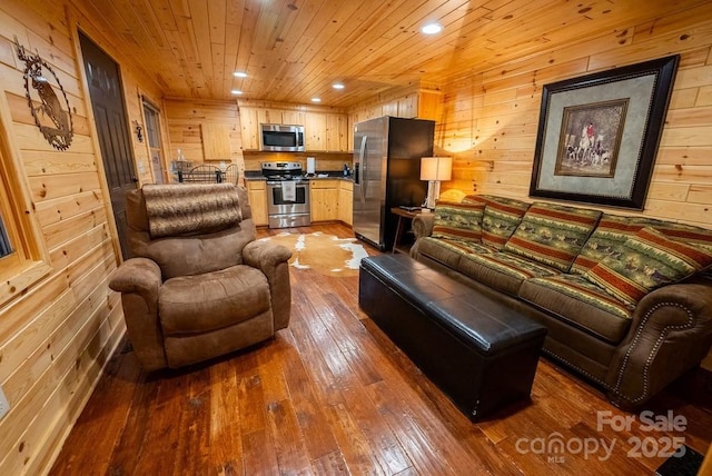living room featuring wooden walls, hardwood / wood-style floors, recessed lighting, and wooden ceiling