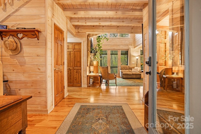 60 Laurel Ln, Mars Hill, NC 28754 - hall with wood walls, light wood-style floors, wood ceiling, beam ceiling, and french doors