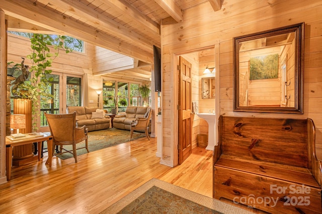 60 Laurel Ln, Mars Hill, NC 28754 - corridor featuring wood walls, beamed ceiling, light wood-style floors, and wood ceiling
