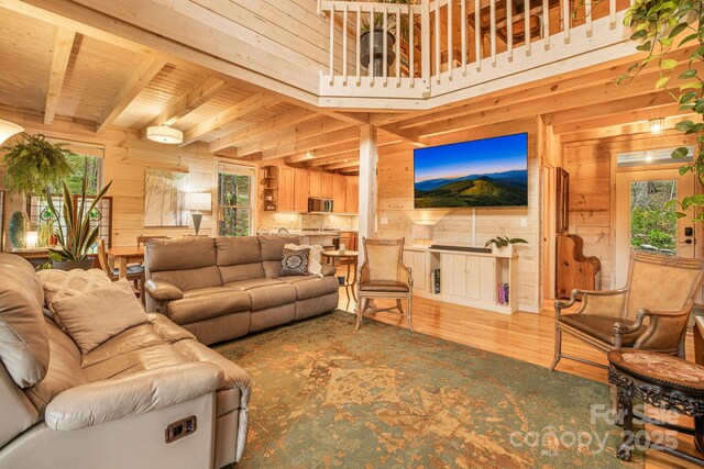 60 Laurel Ln, Mars Hill, NC 28754 - living area featuring wood walls, wood finished floors, beam ceiling, and wooden ceiling