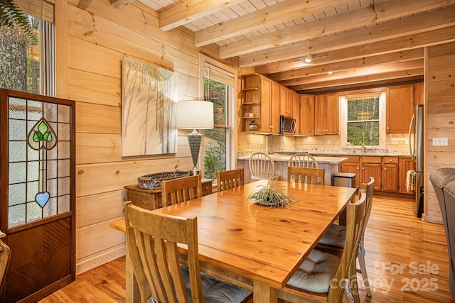 60 Laurel Ln, Mars Hill, NC 28754 - dining space featuring wood ceiling, light wood-style flooring, beamed ceiling, and wood walls