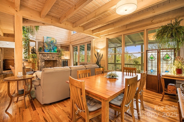 60 Laurel Ln, Mars Hill, NC 28754 - dining room with wooden ceiling, wood walls, beam ceiling, light wood-style flooring, and a stone fireplace