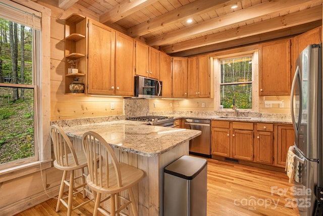 60 Laurel Ln, Mars Hill, NC 28754 - kitchen with a sink, stainless steel appliances, a peninsula, wood ceiling, and plenty of natural light