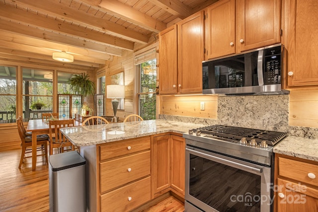 60 Laurel Ln, Mars Hill, NC 28754 - kitchen featuring stainless steel appliances, wood ceiling, a peninsula, tasteful backsplash, and beam ceiling