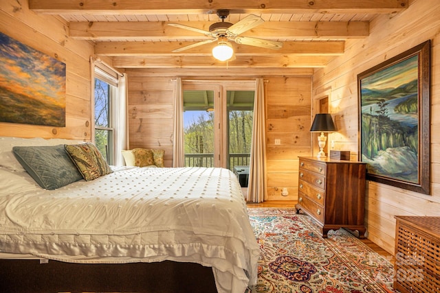 60 Laurel Ln, Mars Hill, NC 28754 - bedroom with wooden walls, wooden ceiling, wood finished floors, access to outside, and beamed ceiling
