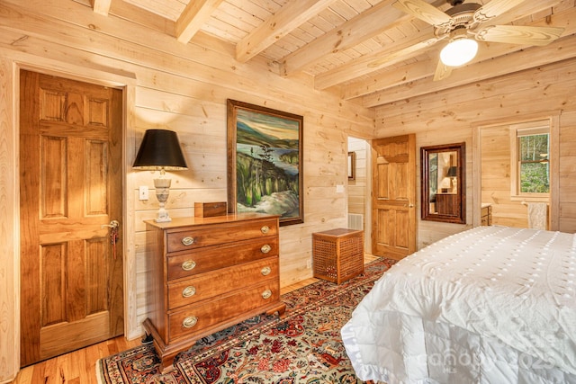 60 Laurel Ln, Mars Hill, NC 28754 - bedroom with wood walls, wooden ceiling, beamed ceiling, light wood-style flooring, and ceiling fan