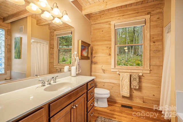 60 Laurel Ln, Mars Hill, NC 28754 - full bathroom featuring wood ceiling, beam ceiling, toilet, wooden walls, and wood finished floors