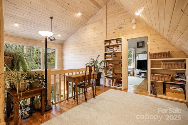 60 Laurel Ln, Mars Hill, NC 28754 - dining area with wood walls, wood ceiling, hardwood / wood-style floors, recessed lighting, and high vaulted ceiling
