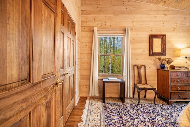 60 Laurel Ln, Mars Hill, NC 28754 - doorway with wood walls, hardwood / wood-style floors, and vaulted ceiling