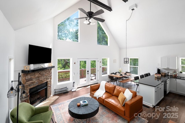 25 Licklog Ridge Rd, Fairview, NC 28730 - living area with high vaulted ceiling, ceiling fan, dark wood finished floors, and plenty of natural light