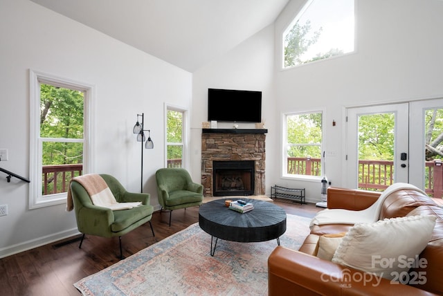 25 Licklog Ridge Rd, Fairview, NC 28730 - living area featuring high vaulted ceiling, wood finished floors, a fireplace, and baseboards