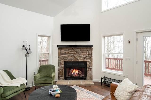 25 Licklog Ridge Rd, Fairview, NC 28730 - living room with high vaulted ceiling, a fireplace, wood finished floors, and baseboards