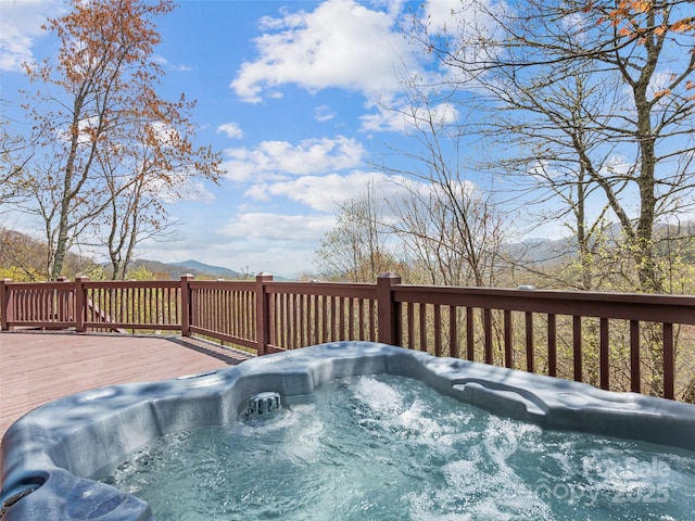 16 Sutton Knob Rd, Maggie Valley, NC 28751 - wooden terrace featuring a hot tub and a mountain view