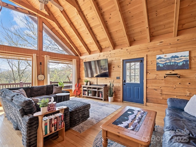 16 Sutton Knob Rd, Maggie Valley, NC 28751 - living area featuring beam ceiling, hardwood / wood-style floors, wooden ceiling, wood walls, and healthy amount of natural light