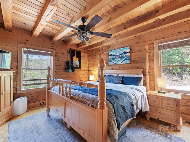 16 Sutton Knob Rd, Maggie Valley, NC 28751 - bedroom featuring beamed ceiling, multiple windows, wood ceiling, wooden walls, and wood finished floors