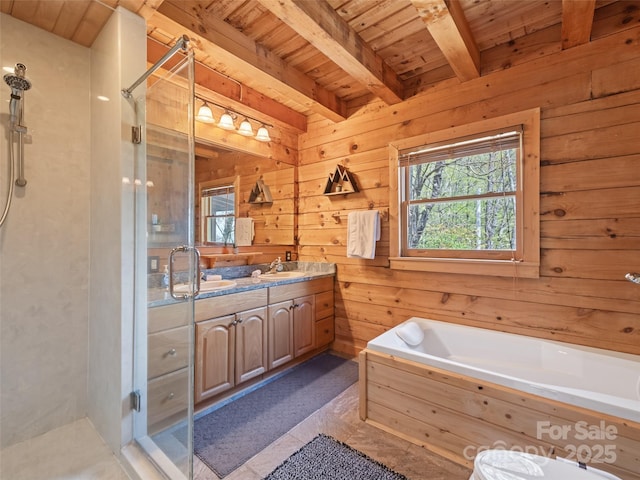16 Sutton Knob Rd, Maggie Valley, NC 28751 - full bathroom with wooden ceiling, healthy amount of natural light, wood walls, a stall shower, and beamed ceiling