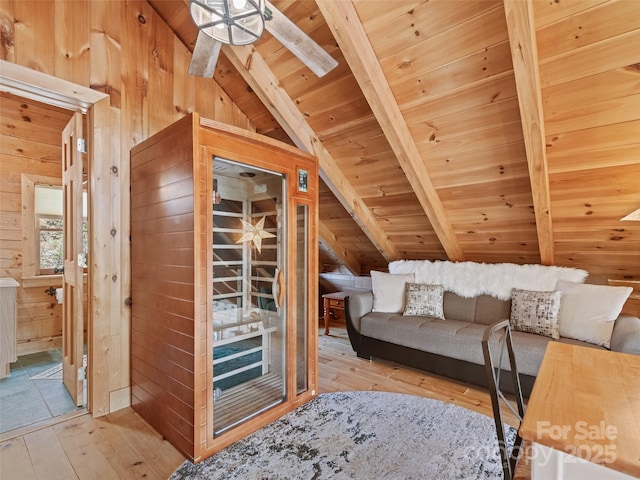 16 Sutton Knob Rd, Maggie Valley, NC 28751 - living room with hardwood / wood-style floors, wood walls, wood ceiling, and ceiling fan