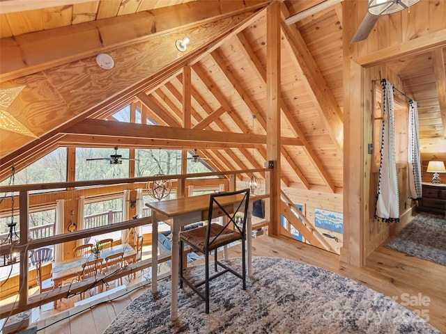 16 Sutton Knob Rd, Maggie Valley, NC 28751 - unfurnished dining area featuring wooden ceiling, wood-type flooring, a ceiling fan, and wood walls