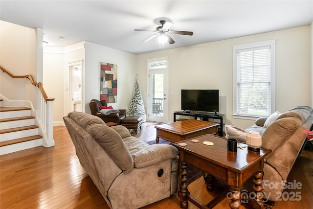 4 Yellow Owl Ct, Biltmore Lake, NC 28715 - living room with stairway, wood-type flooring, a ceiling fan, and baseboards