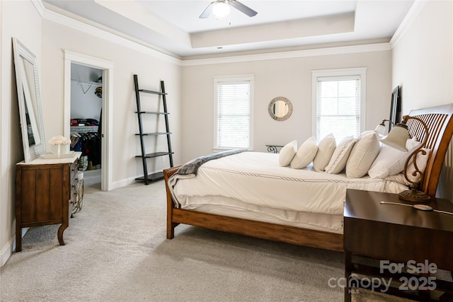 4 Yellow Owl Ct, Biltmore Lake, NC 28715 - bedroom with light colored carpet, a raised ceiling, a spacious closet, crown molding, and a ceiling fan