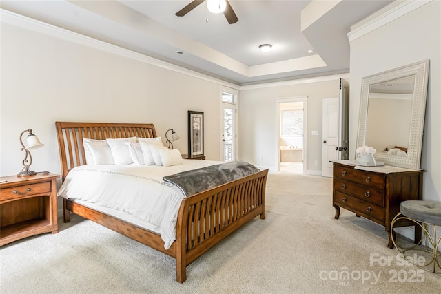 4 Yellow Owl Ct, Biltmore Lake, NC 28715 - bedroom with light carpet, a tray ceiling, ensuite bathroom, crown molding, and baseboards