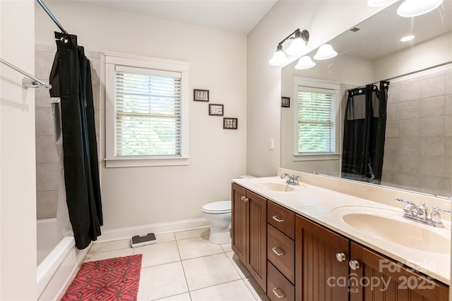 4 Yellow Owl Ct, Biltmore Lake, NC 28715 - bathroom featuring tile patterned floors, toilet, shower / bathtub combination with curtain, double vanity, and baseboards
