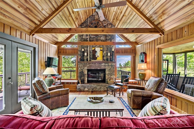 1795 Mckenzie Way N Unit 505, Old Fort, NC 28762 - living room with hardwood / wood-style floors, wood walls, a ceiling fan, a fireplace, and wood ceiling