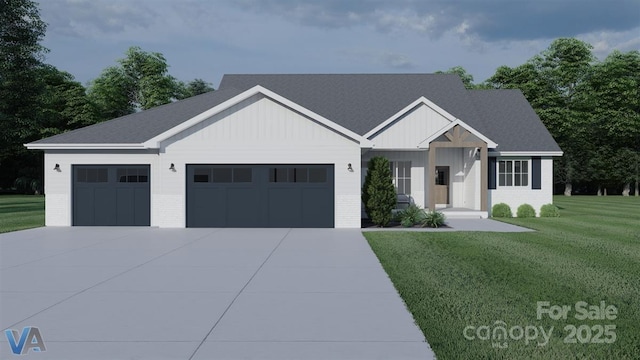 2601 Greenmont Cir, Belmont, NC 28012 - modern inspired farmhouse featuring an attached garage, driveway, a front lawn, board and batten siding, and brick siding
