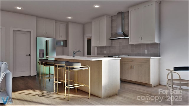 2601 Greenmont Cir, Belmont, NC 28012 - kitchen featuring wall chimney range hood, light wood-style floors, light countertops, stainless steel fridge with ice dispenser, and backsplash