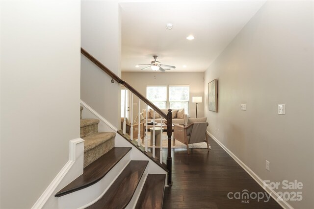 1809 Evergreen Dr, Charlotte, NC 28208 - stairway with ceiling fan, wood finished floors, baseboards, and recessed lighting