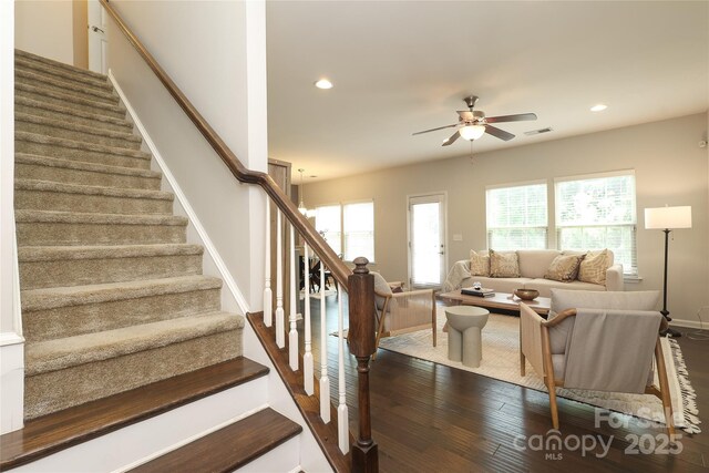 1809 Evergreen Dr, Charlotte, NC 28208 - staircase with ceiling fan, wood finished floors, recessed lighting, and baseboards