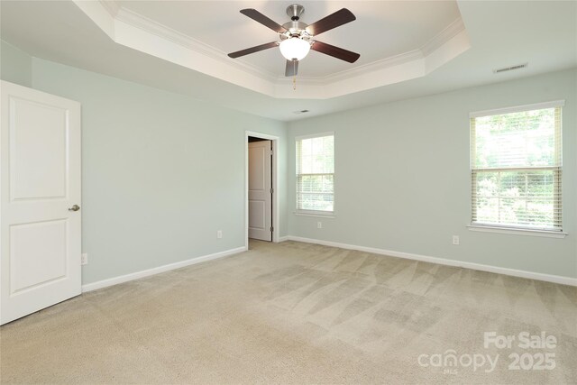 1809 Evergreen Dr, Charlotte, NC 28208 - unfurnished bedroom with a tray ceiling, ornamental molding, multiple windows, light colored carpet, and baseboards