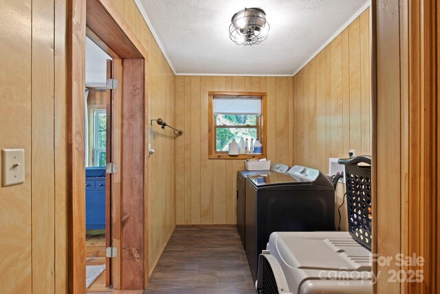 909 Pearson Falls Rd, Saluda, NC 28773 - washroom featuring ornamental molding, washer and dryer, dark wood-style flooring, wood walls, and a textured ceiling