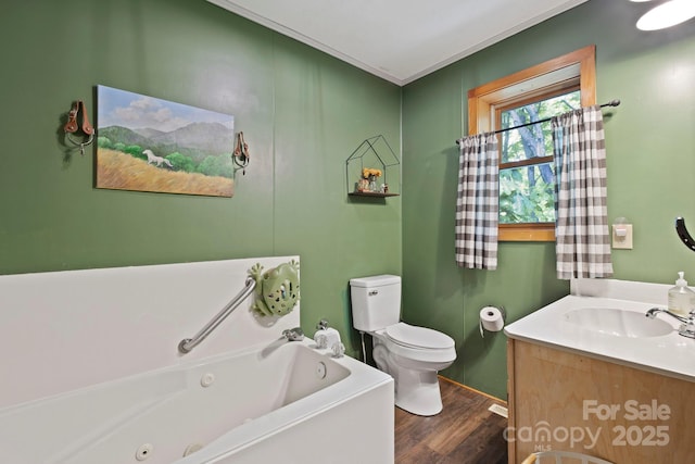 909 Pearson Falls Rd, Saluda, NC 28773 - full bathroom with a whirlpool tub, toilet, wood finished floors, and vanity