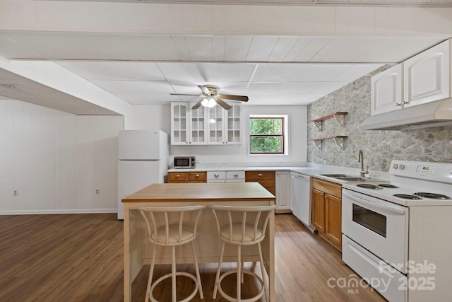 909 Pearson Falls Rd, Saluda, NC 28773 - kitchen featuring white appliances, a sink, light wood finished floors, and under cabinet range hood
