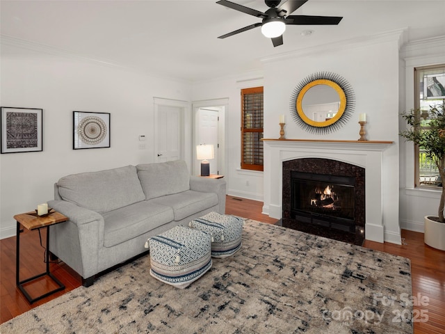 9 Dearborn St, Asheville, NC 28803 - living room featuring wood finished floors, a ceiling fan, ornamental molding, a premium fireplace, and baseboards