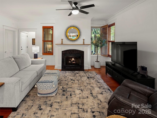 9 Dearborn St, Asheville, NC 28803 - living room featuring a fireplace, ceiling fan, wood finished floors, crown molding, and baseboards