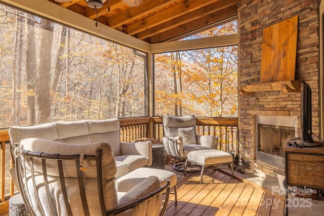 196 Juneberry Ln, Tuckasegee, NC 28783 - wooden terrace with an outdoor stone fireplace