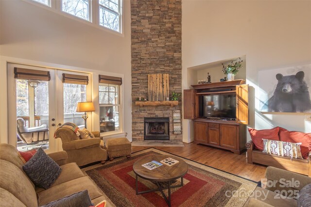 196 Juneberry Ln, Tuckasegee, NC 28783 - living area featuring a high ceiling, light wood-style flooring, a stone fireplace, and french doors