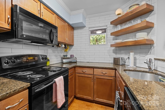 2502 Cranbrook Ln Unit 8, Charlotte, NC 28207 - kitchen with black appliances, ornamental molding, open shelves, a sink, and brown cabinetry