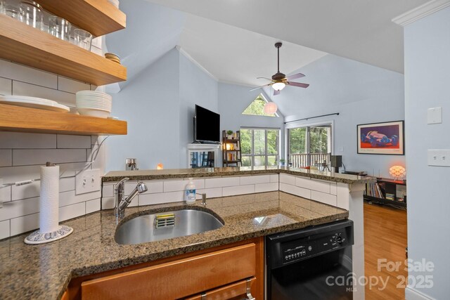 2502 Cranbrook Ln Unit 8, Charlotte, NC 28207 - kitchen with open shelves, dishwasher, a sink, a ceiling fan, and dark stone countertops