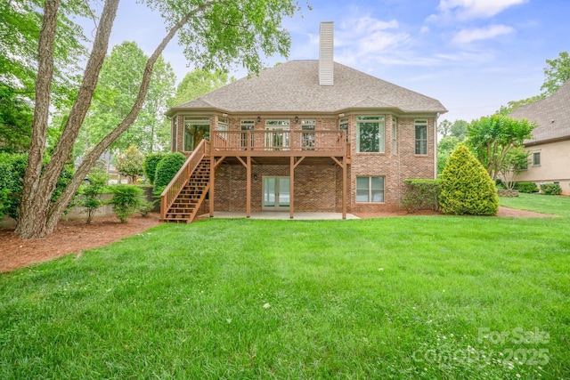 8216 Malibu Pointe Ln, Denver, NC 28037 - rear view of house featuring brick siding, a wooden deck, a chimney, stairs, and a lawn