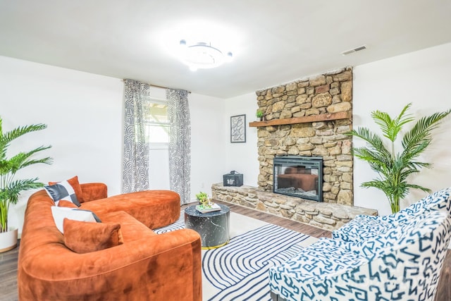 52 Reynolda Dr, Asheville, NC 28803 - living room featuring wood finished floors and a stone fireplace