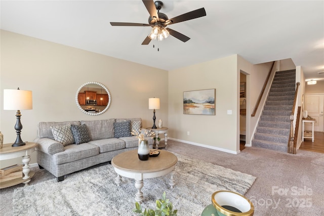 3211 Gilroy Dr, Fort Mill, SC 29707 - carpeted living area featuring a ceiling fan, stairs, and baseboards