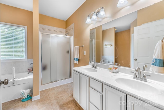 121 W Ashe Bridge Rd W, Marion, NC 28752 - bathroom featuring a stall shower, tile patterned floors, double vanity, and a garden tub